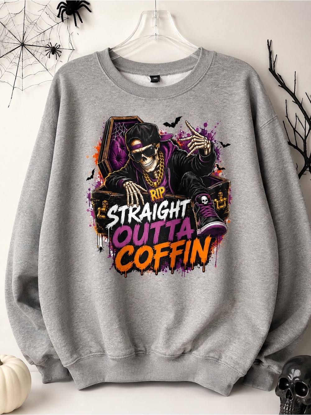 Straight Outta Coffin Graphic Grey Sweatshirt SZ-L. UniSex